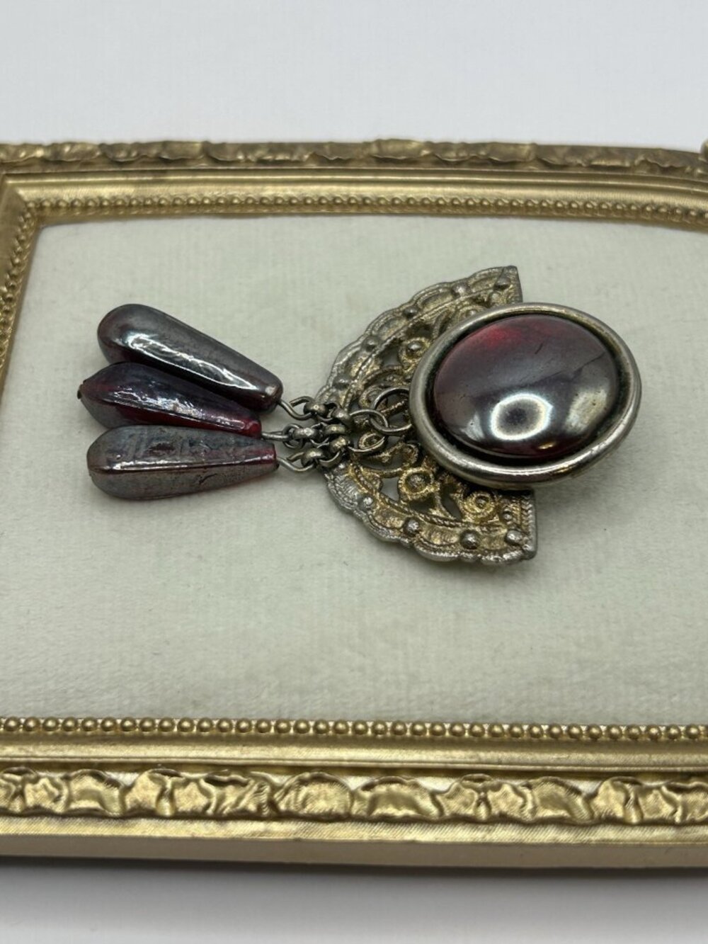 Vintage Art Deco Style Red Glass Dangle Brooch Ornate Metal Revival Jewelry MCM - Picture 7 of 10